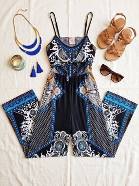 Flying Tomato Black Printed Maxi Jumpsuit with Blue & White Accents